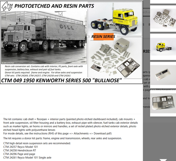 CTM049 BULLNOSE KENWORTH CABOVER 50's Style 1/25 RESIN CAB