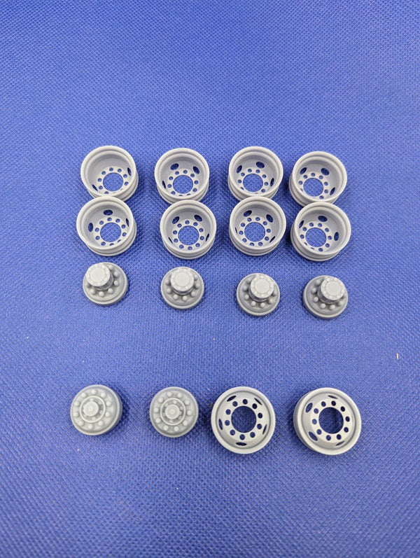 20"    5 Hole Budd Wheel Set     1/25 scale    2 fronts and 8 rears (full tandem set)   Wheels  Tire section