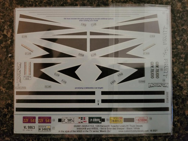 Movin On Style Arrow decals Kenworth W900's  Black/White  1/25 scale